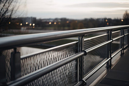 close-up of metal bridge railing, with the view beyond visible, created with generative aiの素材