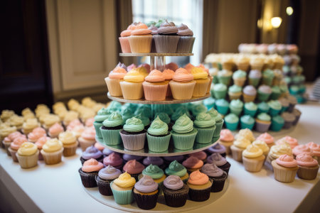 cupcake tower with tiers of pastel-colored cupcakes, created with generative aiの素材