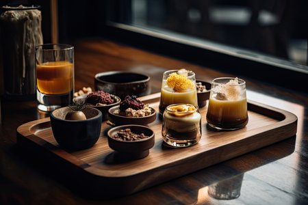 trendy coffee shop that serves unique and creative food and drink pairings, including dessert, created with generative aiの素材