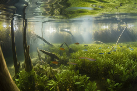 freshwater lagoon, with schools of fish swimming among underwater plants, created with generative aiの素材