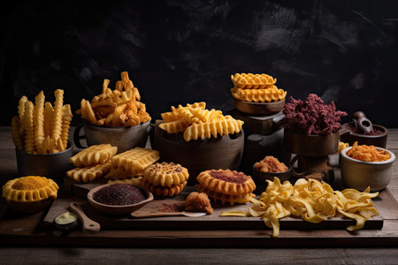 selection of different types of fries, including curly and waffle, created with generative aiの素材