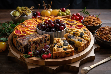 fruitcake platter, with a selection of different types and flavors of cake, created with generative aiの素材