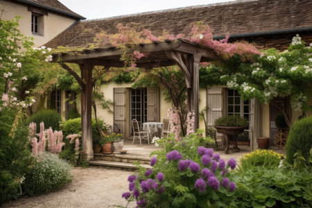 french country house exterior with view of courtyard, surrounded by wooden pergola and blooming flowers, created with generative aiの素材