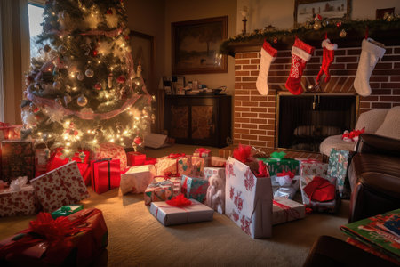 christmas morning, with view of presents and stockings hanging from the fireplace, created with generative aiの素材