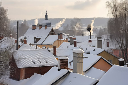 snow-covered village, with chimneys and rooftops visible against the winter sky, created with generative aiの素材