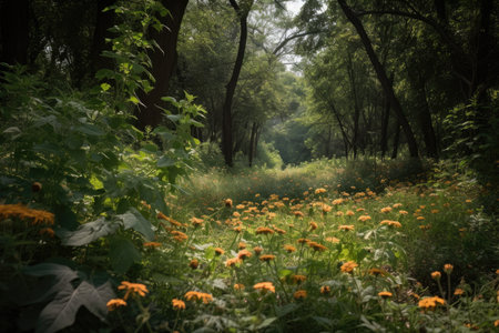 forest during summer with lush greenery, blooming flowers and buzzing insects, created with generative aiの素材