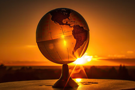 sunrise over globe, with the sun peeking out from behind the horizon and casting a warm glow on the scene, created with generative aiの素材