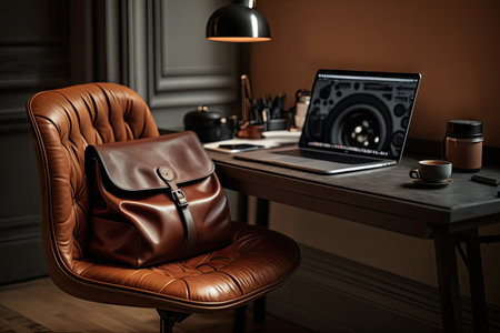 a brown leather chair in a minimalist office setting, with a laptop and sleek accessories, created with generative aiの素材