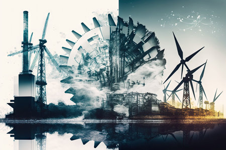 energy industry double exposure, with one image of an oil rig and another of a cluster of wind turbines, created with generative aiの素材