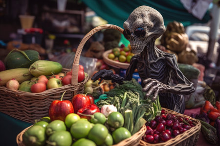 alien, with basket full of fresh fruits and vegetables, shopping at farmers market, created with generative aiの素材
