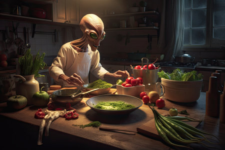alien chef, preparing delicious meal for friends and family, created with generative aiの素材