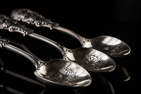 antique silver spoons on black background, for modern and stylish kitchen interior, created with generative aiの素材