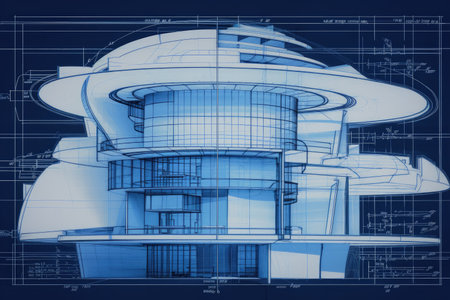 architectural blueprint of futuristic building, with bold designs and sleek lines, created with generative aiの素材