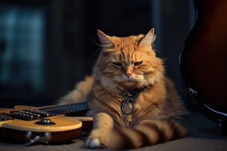 sitting cat with guitar, ready for rock concert, created with generative aiの素材