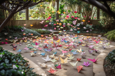 a botanical garden with origami paper butterflies fluttering among the blooms, created with generative aiの素材