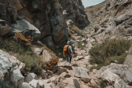 hiker traversing rough and rocky terrain on the trail, created with generative aiの素材