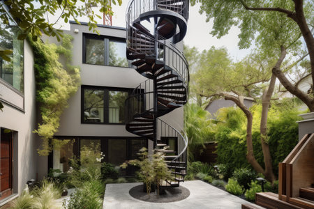 three-story home with exterior spiral staircase and rooftop garden, created with generative aiの素材
