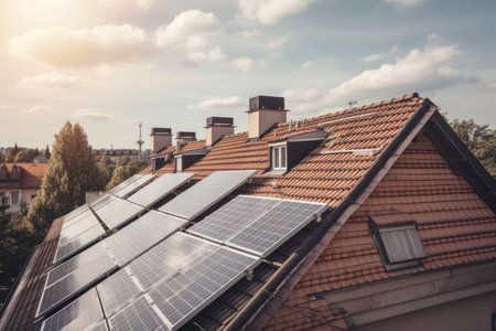 solar panel system integrated into the roof of a house, providing energy for lighting and appliances, created with generative aiの素材