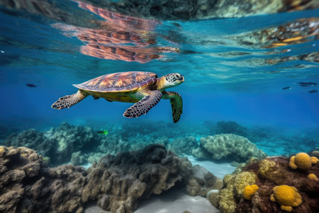 baby turtle swimming in clear ocean, surrounded by colorful fish, created with generative aiの素材