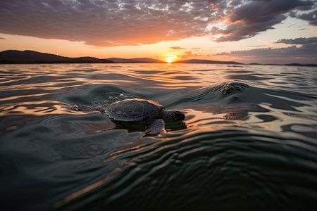 baby turtle swimming in the ocean, with view of the sunset, created with generative aiの素材