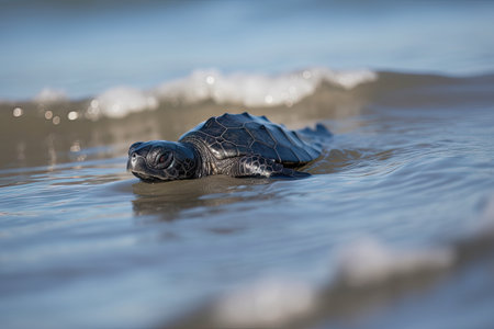 baby turtle, balancing on flipper and making its way to the ocean, created with generative aiの素材