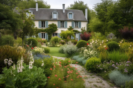 french country house with lush garden and flowering plants, created with generative aiの素材
