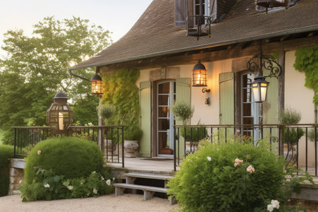 french country house exterior with garden, hanging lanterns and wooden deck, created with generative aiの素材