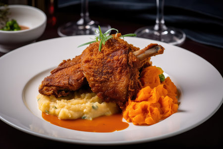plate of fried duck, paired with mashed sweet potatoes and gravy, created with generative aiの素材