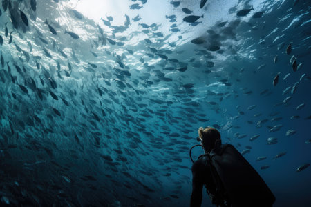 person, diving in ocean, surrounded by schools of fish and marine life, created with generative aiの素材