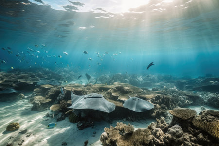 protected marine sanctuary, with dolphins and rays swimming among the corals, created with generative aiの素材