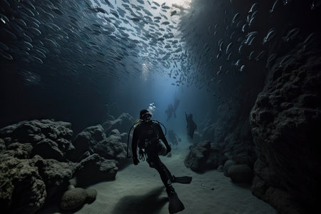 scuba diver descending into underwater cave, with schools of fish swimming in the background, created with generative aiの素材