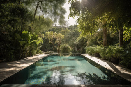 glittering swimming pool surrounded by lush greenery and warm sun, created with generative aiの素材