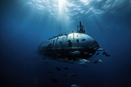 submersible descending into deep abyss, with schools of fish swimming in the background, created with generative aiの素材