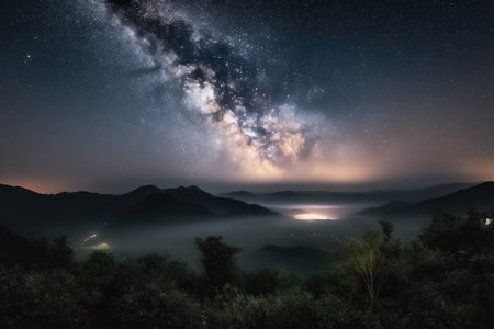 milky way and starry sky above misty mountain range, created with generative aiの素材