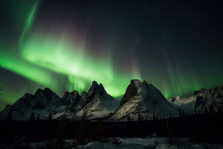 northern lights dance over the silhouette of a mountain range, created with generative aiの素材