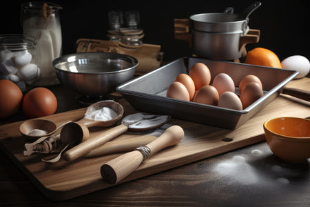 baking tools and equipment on a wooden tray, with ingredients in the background, created with generative aiの素材