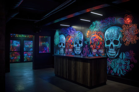 blacklight and uv-reactive mural created by local artist, incorporating the artwork of community members, created with generative aiの素材