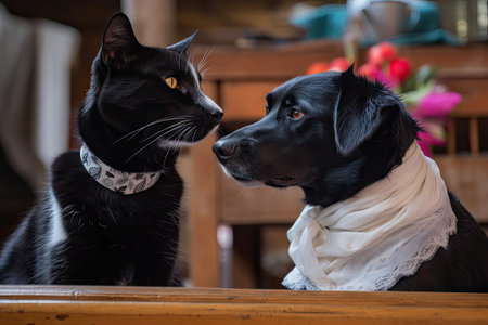 black cat and white dog sitting together at a wedding, their heads turned towards each other, created with generative aiの素材