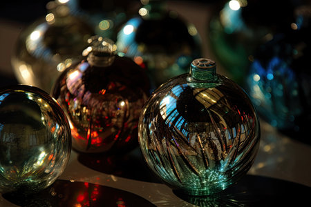 close-up of glass ornaments, with reflections and light shining through, created with generative aiの素材