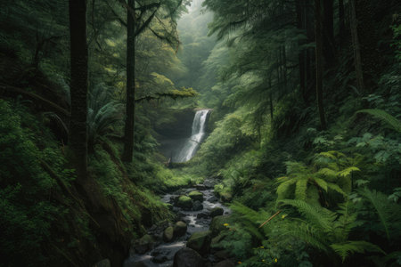 forest with waterfall, surrounded by lush greenery and berries, created with generative aiの素材
