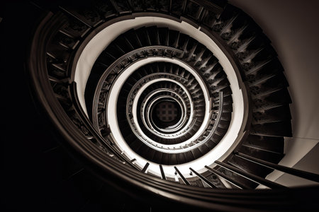 optical illusion of a spiral staircase, leading to infinity, created with generative aiの素材