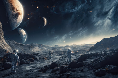 astronauts exploring the unknown in space, with distant stars and planets visible, created with generative aiの素材