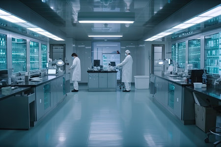 stem cell research laboratory, with scientists monitoring experiments and charts on the walls, created with generative aiの素材