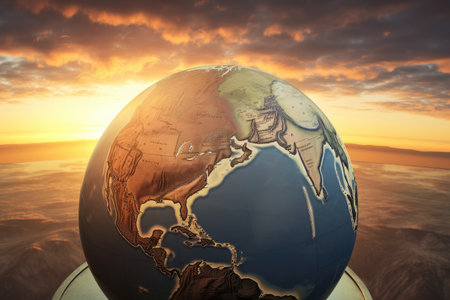 sunrise over globe with detailed map, showing the countries and their borders, created with generative aiの素材