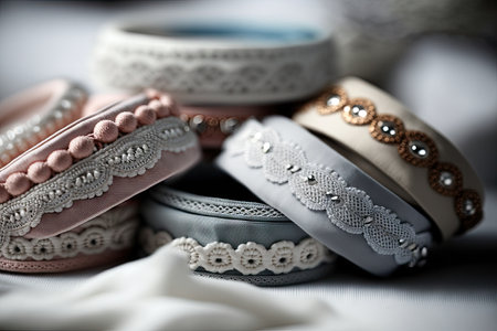 row of delicate bracelets on white tablecloth, created with generative aiの素材