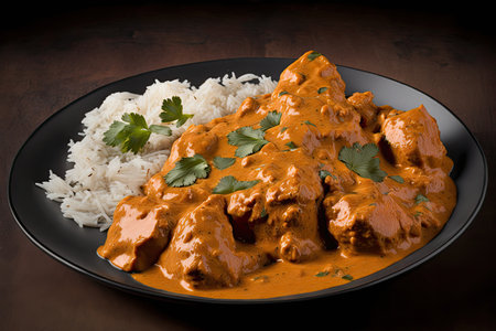 plate of chicken tikka masala, with perfectly cooked and spiced cubes of chicken, created with generative aiの素材