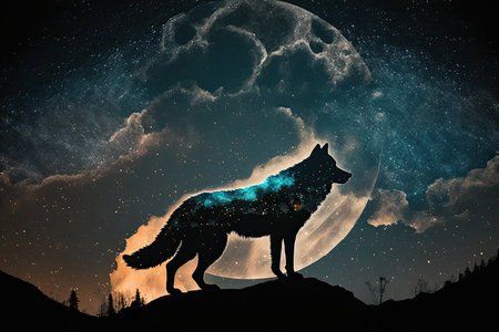 double exposure of wolf howling at full moon against starry night sky, created with generative aiの素材