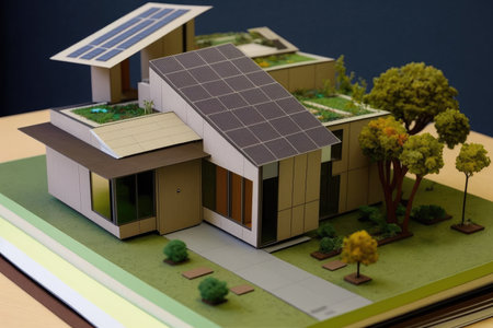 student building model of eco-friendly house, with solar panels and green roof, created with generative aiの素材