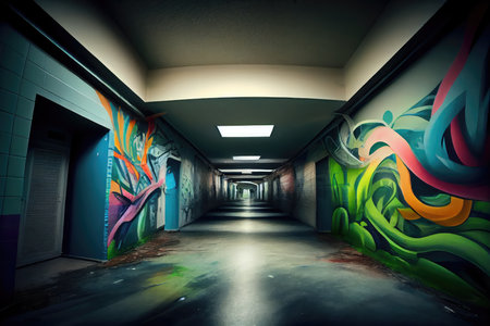 school or hospital, with graffiti art adding a touch of color and life to the facilities, created with generative aiの素材