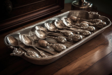 antique silver spoons arranged in beautiful display on wooden tray, created with generative aiの素材